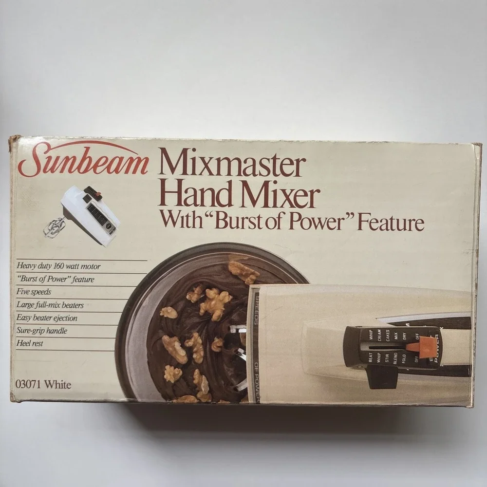 Vintage 1983 NEW Almond Sunbeam Mixmaster 5 Speed Hand Mixer With Burst Of Power